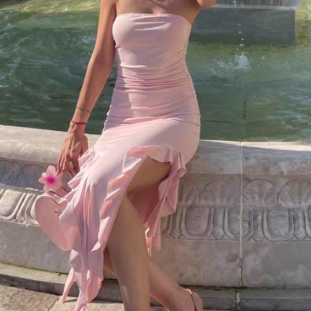 Pink ruched bodycon maxi dress